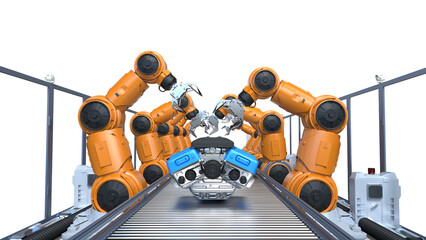 robot assembly line with car engine or machine