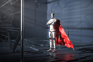 superhero cyborg with red cloak