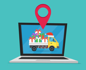 Cartoon style vector illustration of racking on laptop screen a delivery truck with santa hat and bunch of christmas presents tracking.