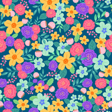 colorful blooming flowers seamless pattern