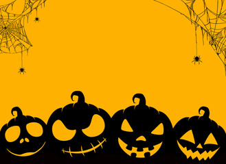 Happy halloween banner with scary pumpkin face, spider hanging from spiderwebs isolated on yellow  background, blank space for text,element template for poster,brochures, online advertising,vector