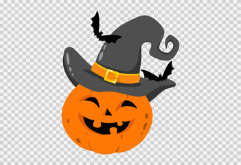 Halloween party background with happy pumpkin wears witches hat smiling with flying bats isolated  on png or transparent, blank space for text,element template for poster,brochures,advertising,vector