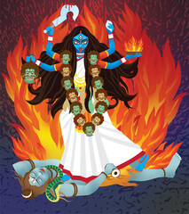 Indian Goddess Maa Kali Vector design, illustration of Goddess Kali Maa on Diwali, Kali Pooja background of India festival - obrazy, fototapety, plakaty
