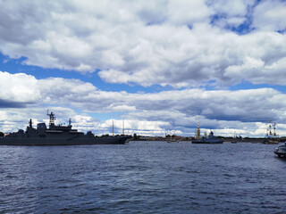 Warships, frigates and sailboats built in the Neva water area for the Day of the Navy in St....