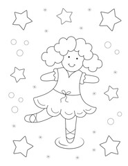 coloring page of a little ballet dancer, outline black and white design with stars, easy shapes suitable for kids or toddlers. you can print it on standard 8.5x11 inch paper

