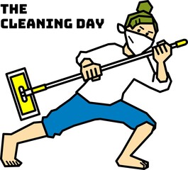 掃除道具を持ってポーズを決める人