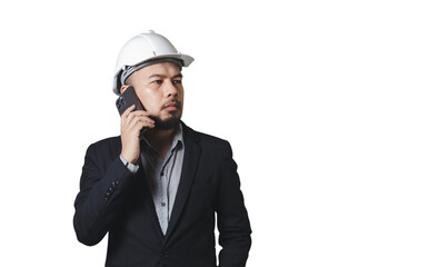 asian engineering man wearing hardhat talking a mobile phone isolated on white background, clipping path.