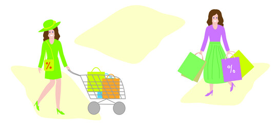 Autumn sale, banner. A copy of the space, a place for your advertising. Happy shoppers girls with shopping bags and a cart. Flat design style.