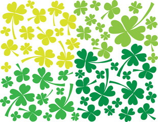 Simple vector green shamrocks isolated on white background. Bright green four leaf clovers illustration. Trendy cartoon template.