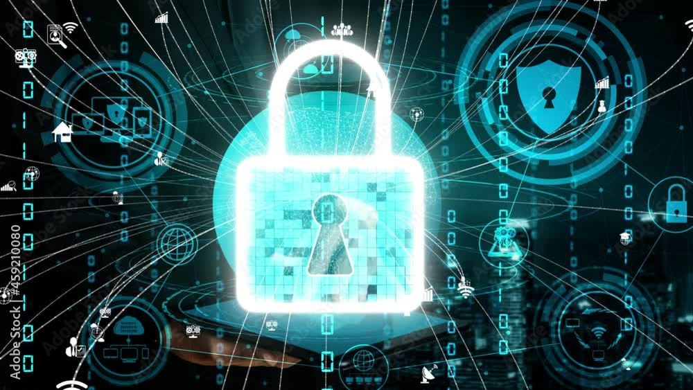 Poster cyber security encryption technology to protect data privacy conceptual . 3d render computer graphic