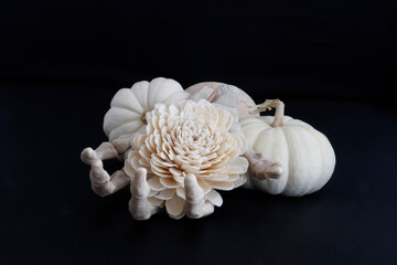 skeleton hand with flower and pumpkins