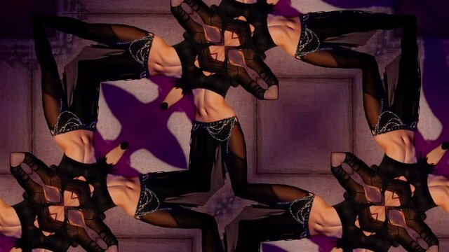 kaleidoscopic shot with dancing woman, belly dancer is practicing, abstract psychedelic shot