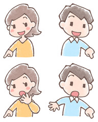 若い男性と女性の指差しイラストセット水彩風