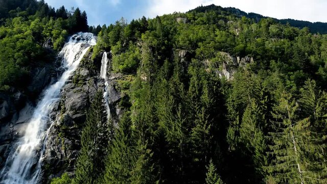 Aerial Drone - Overview of the Nardis Waterfalls in the Dolomites