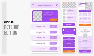 Set of editable social media instagram bio link pet, link in bio petshop, grooming, petcare with purple white design vector template ai and eps 10