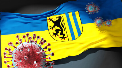 Covid in Leipzig - coronavirus attacking a city flag of Leipzig as a symbol of a fight and struggle with the virus pandemic in this city, 3d illustration