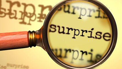 Surprise and a magnifying glass on English word Surprise to symbolize studying, examining or searching for an explanation and answers related to a concept of Surprise, 3d illustration