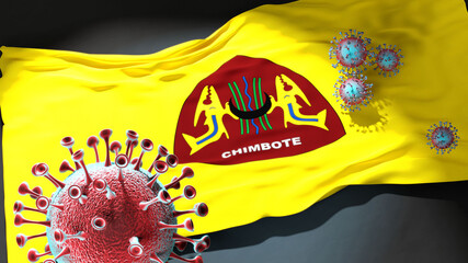 Covid in Chimbote - coronavirus attacking a city flag of Chimbote as a symbol of a fight and struggle with the virus pandemic in this city, 3d illustration