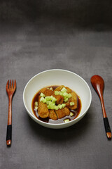 Pempek, mpek-mpek or empek-empek is a savoury Indonesian fishcake delicacy, made of fish and tapioca, from Palembang, South Sumatera, Indonesia.