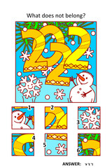 Visual puzzle with picture fragments. Cute snowflake and snowman celebrate coming year 2022. What does not belong?
