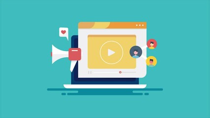Video marketing, viral video content sharing on social media with friends and followers, digital video promotion concept. 2d animation 4k video clip.