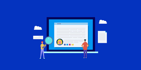 Content author bio, news article publication on web with about author concept, content writing, publishing, marketing and management concept, with character people. Web banner template.