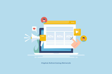 Customer clicking on digital advertising, social media ads, sponsored ad content displaying on website page, marketing advertising media solution, communication technology. Web banner template.
