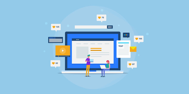 Right content marketing strategy on social media, digital marketing team getting new audience engagement successfully, increasing likes and views, woman entrepreneur. Web banner template.