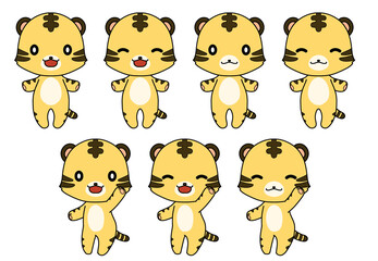二本足で立っている笑顔の二頭身のトラのイラストセット