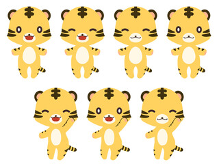 二本足で立っている笑顔の二頭身のトラのイラストセット