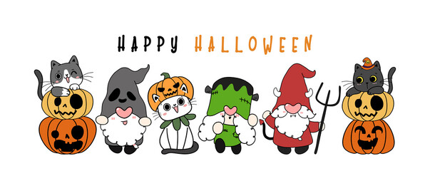 Group of cute happy kitten cats and fancy Halloween Gnome costume, Happy halloween, flat cartoon hand drawn doodle outline vector