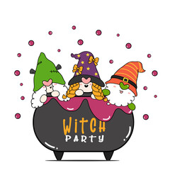Group of three happy Halloween Witch gnome party in poison brew pot caudron, flat cartoon character doodle outline