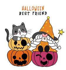 cute playful black kitten cat with happy witch gnome Halloween sit on orange pumpkin, flat cartoon character hand drawn doodle outline