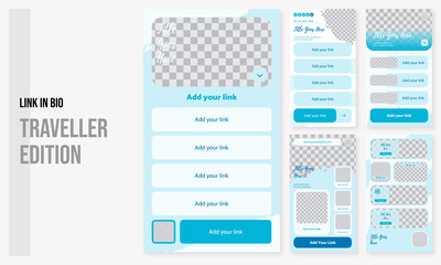 Fototapeta premium Set of editable social media instagram link in bio with brush and bio link blue ocean colors design vector template ai and eps10