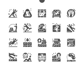 Wet floor. Fall to the floor. Slippery steps. Chance of injury. Danger, prevention, accident, warning, attention. Vector Solid Icons. Simple Pictogram