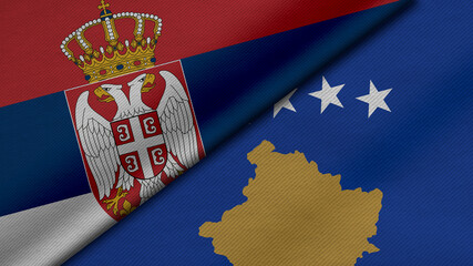 3D Rendering of two flags from republic of serbia and republic of kosovo together with fabric texture, bilateral relations, peace and conflict between countries, great for background - obrazy, fototapety, plakaty