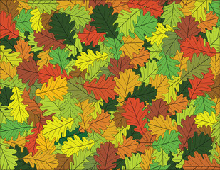 Color vector background with autumnal oak leaves. Trendy colored autumn leaves template.