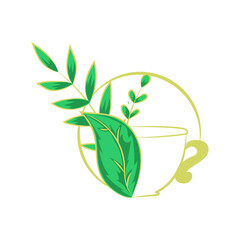 Golden tea mug with green leaves