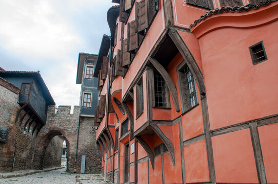 Plovdiv Bulgaria, row of ancient houses and Hisar Kapia gate in old town