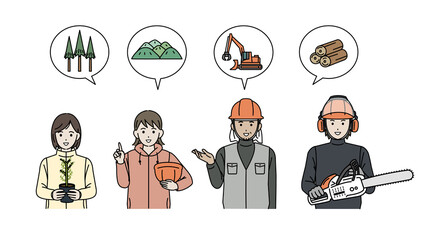 林業　男女　仕事　説明　話す　教える　伐採　イラスト素材