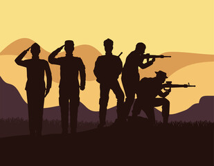 Fototapeta na wymiar five military silhouettes in camp