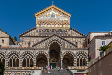 Fototapeta na wymiar Central faade of the Cathedral of St. Andrew, overlooking the Piazza Duomo in the heart of Amalfi.