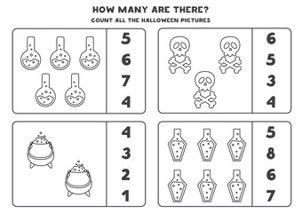Counting game with Halloween pictures. Black and white worksheet.
