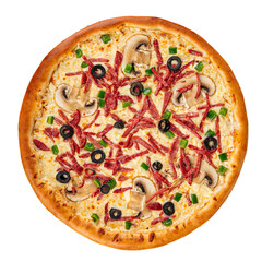 Isolated mushroom pizza with sliced sausages on white background