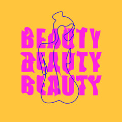 Postcard with the inscription beauty. Vector illustration of a girl in one line style. Gift card for printing on paper.