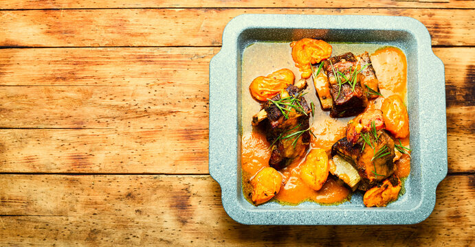 Beef ribs in apricots,copy space