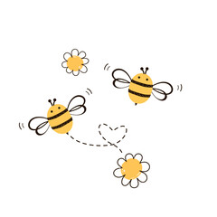 Bee cartoons and daisy flower icon logo isolated on white background vector illustration.
