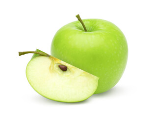 green apple fruit and slices isolated on white background, fresh green apple fruit.