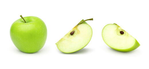  green apple fruit and slices isolated on white background, fresh green apple fruit.