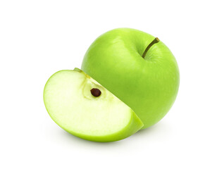 green apple fruit and slices isolated on white background, fresh green apple fruit.